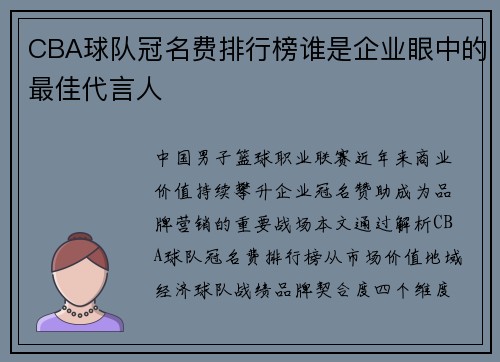 CBA球队冠名费排行榜谁是企业眼中的最佳代言人