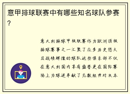 意甲排球联赛中有哪些知名球队参赛？