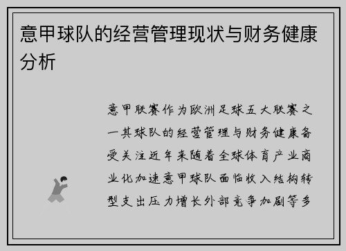 意甲球队的经营管理现状与财务健康分析